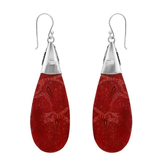 Royal Bali Collection Coral and Rhodolite Garnet Drop Earrings with Hook in 925 - Picture 4 of 9